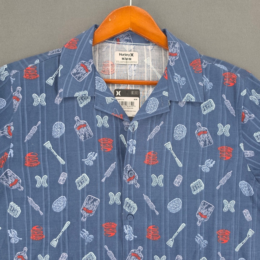 Hurley Mens BBQ Burger Print Short Sleeve Button Up Shirt Blue M NEW